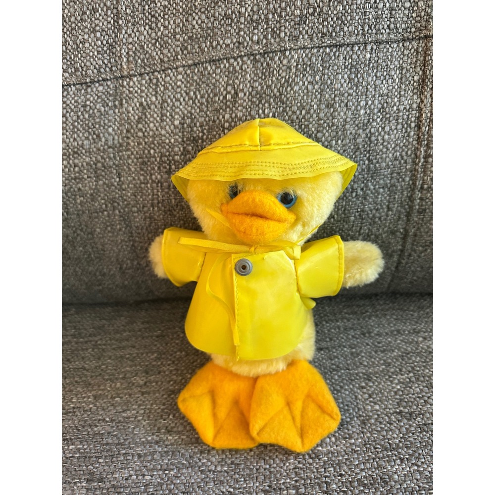 Vintage 1982 Hallmark Duck Plush Yellow Raincoat Hat Stuffed Animal Toy 8"